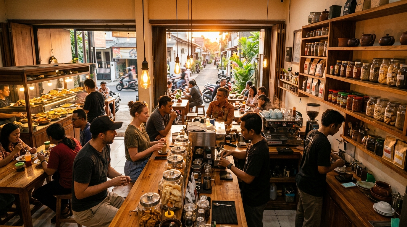 Suasana ramai dan hangat warung kuliner serta kedai kopi UMKM Indonesia
