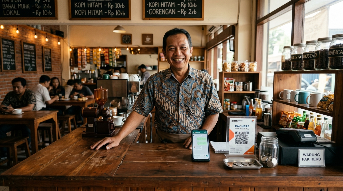 Pemilik Warung Indonesia tersenyum ramah melayani transaksi QRIS