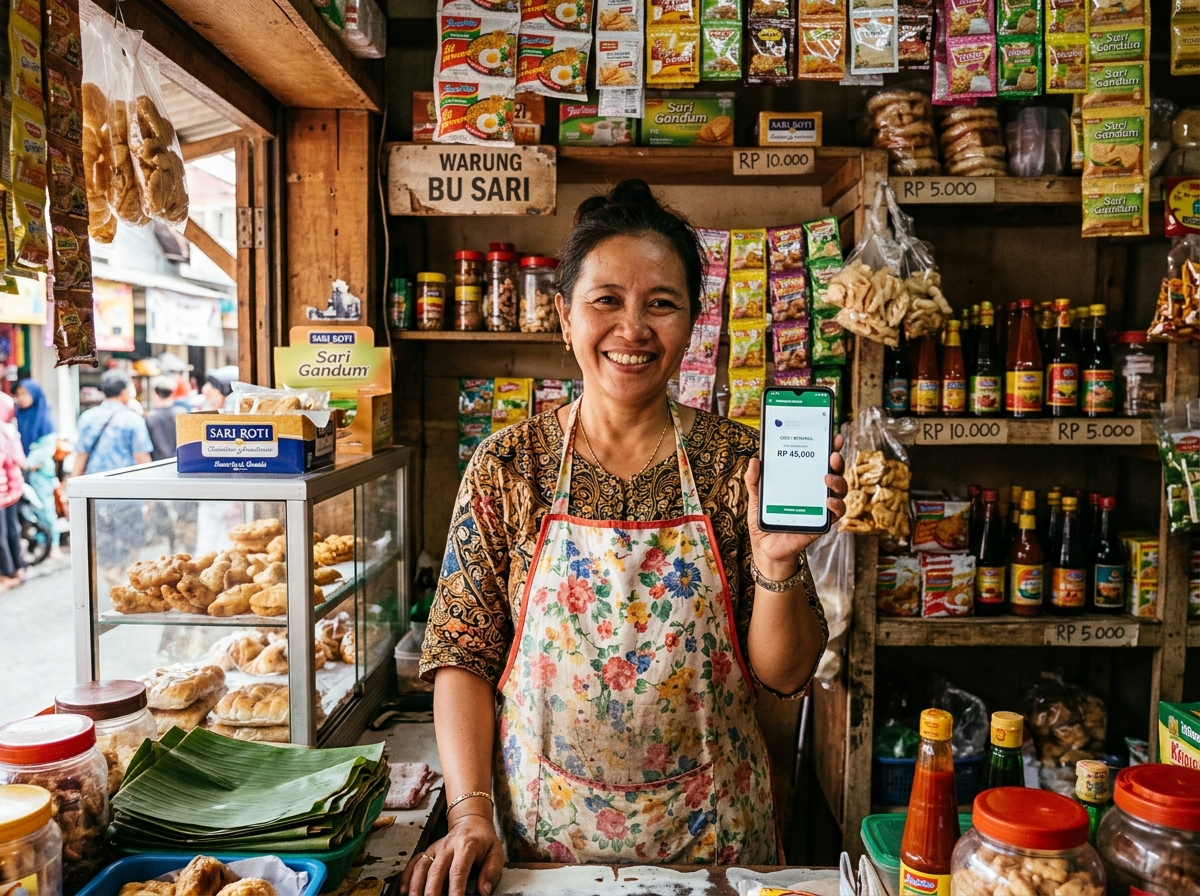 Pemilik warung kelontong tradisional Indonesia tersenyum memegang smartphone menerima transaksi digital